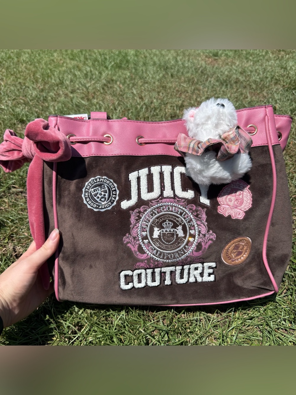 Juicy Couture Brown and Pink Embroidered Tote with Plush Charm daydreamer